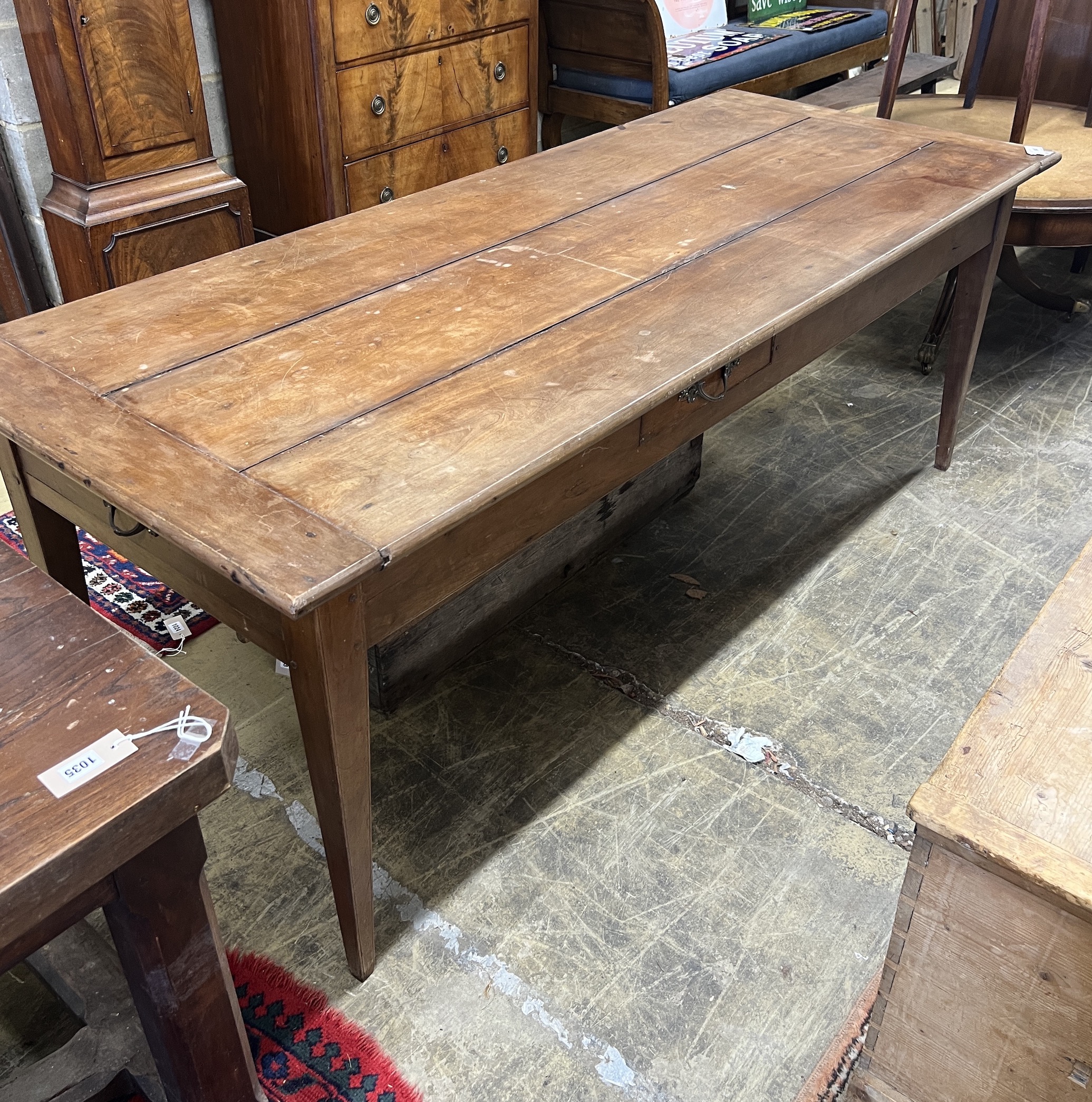 A 19th century French cherry three drawer kitchen table, length 200cm, width 81cm, height 76cm